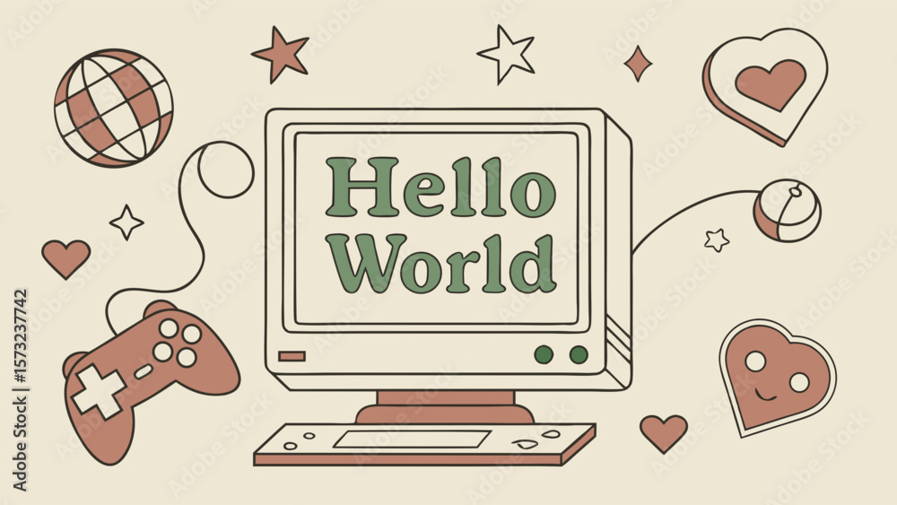 Fototapete retro computer graphic with gaming accessories and playful elements, displaying the text 