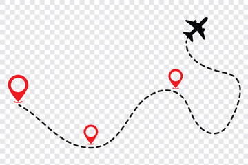 Airplane dashed line path flat style design isolated on white background. plane icon follow from start pin point to finish by dashed line. Airplane route trace flight air map.