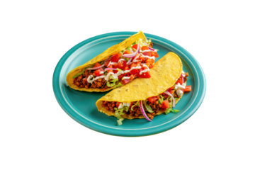 Two seasoned ground beef tacos with lettuce tomato onion and sour cream on a teal plate food