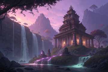 Fototapeta premium Moonlit temple fountain in Asia's natural landscape with a serene water cascade under the night sky