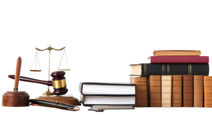 Lawyer or consultants desk with files, law books, and pen stand, background isolated on a Transparent background, PNG file.