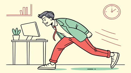 Energetic male office worker jumping with excitement in modern workplace vector style..png