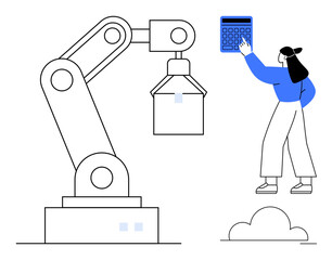 Robotic arm and woman interacting with digital calculator. Ideal for technology, automation, engineering, innovation, data, AI concepts, and education. Flat simple metaphor