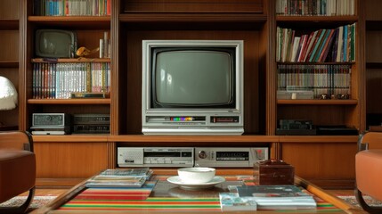 Vintage TV in a wooden bookcase