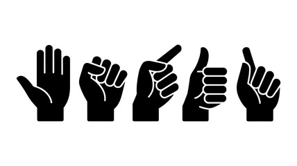 Obraz premium Vector Collection of stylized black hands in various gestures against a white background