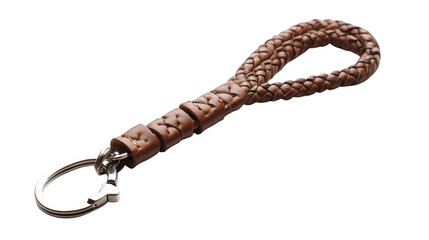 Leather braided keychain with sturdy metal clasp, background isolated on a Transparent background, PNG file.