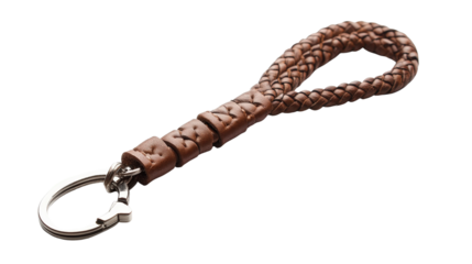 Leather braided keychain with sturdy metal clasp, background isolated on a Transparent background, PNG file.