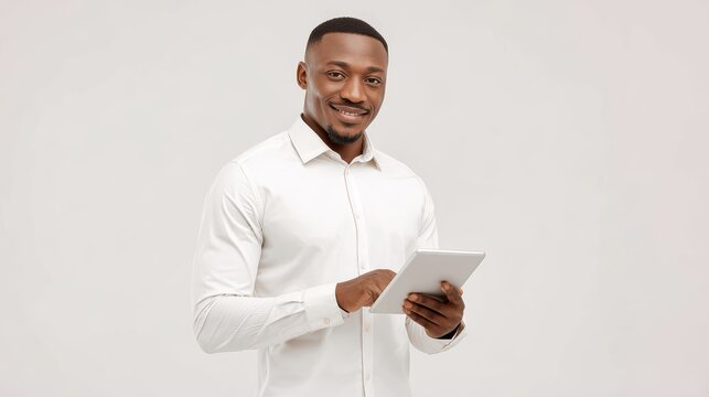Smiling African Businessman Holding Tablet Device