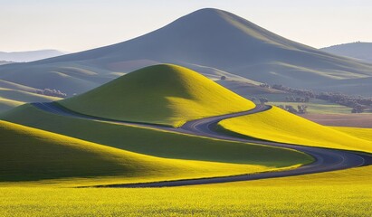 Winding road through rolling hills of vibrant yellow fields