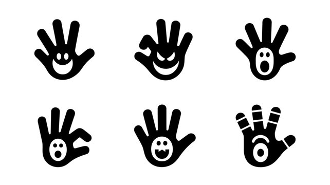 Set of six black silhouette hand icons with spooky halloween monster faces