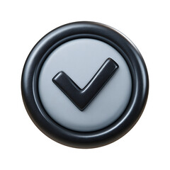A 3 D rendered circular button featuring a dark gray checkmark icon on a light gray background with a black textured border