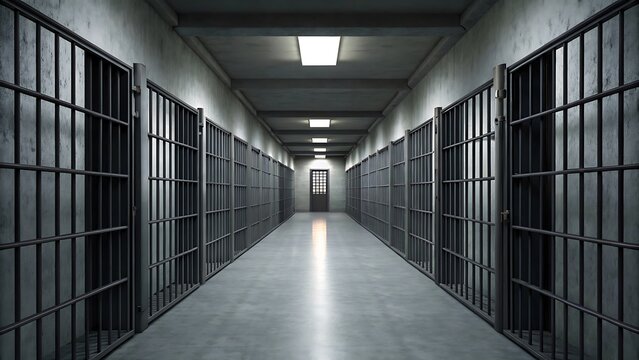 A long, dimly lit prison corridor stretches into the distance, lined with metal bars and locked cell doors, evoking a sense of confinement, justice, and the consequences of crime