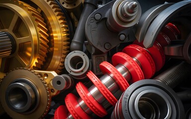 Assorted metal gear wheels, bolts, and industrial pipe parts isolated on white and red backgrounds for engineering and construction technology