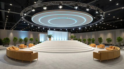 Modern Event Space Design Circular Stage with Elegant Seating and Lighting