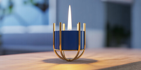 Elegant blue candle in a modern gold candelabra with warm lighting