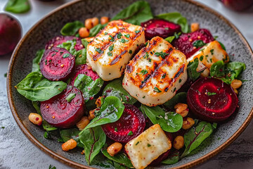 Grilled halloumi salad with beets and nuts served in a rustic bowl on a dark surface