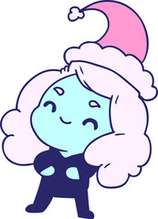 hand drawn christmas cartoon of kawaii girl in bright neon color