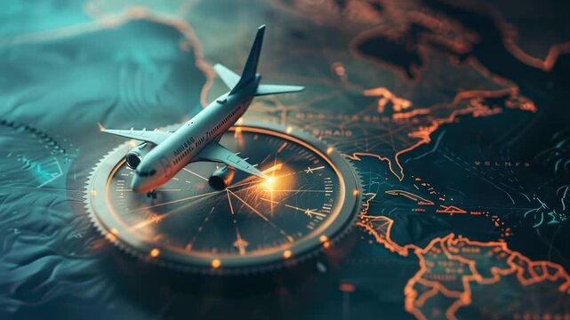 Airplane model on compass with world map in background, travel concept