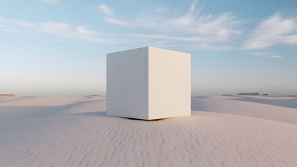 Minimalist Landscape Featuring a White Cube in a Serene Desert Setting Under a Blue Sky
