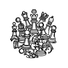 A collection of chess pieces arranged in a circular pattern with a black and white color scheme design