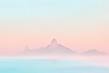 Naklejka premium Serene pastel landscape featuring distant mountains reflected in calm water, creating a tranquil atmosphere with soft hues of pink and blue, evoking a sense of peace and serenity
