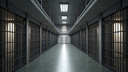 The dimly lit prison hallway, with rows of metal bars and cells, evokes a sense of confinement and the weight of the justice system