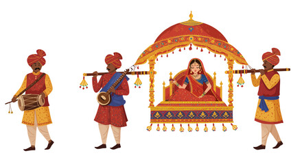 Vibrant traditional Indian wedding procession with bride being carried in palanquin ceremony