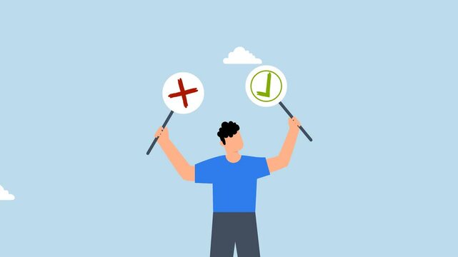 4k animation of thoughtful businessman holds right or wrong left and right hand when making decision.