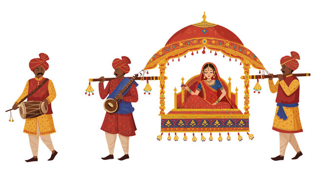 Vibrant traditional Indian wedding procession with bride being carried in palanquin ceremony