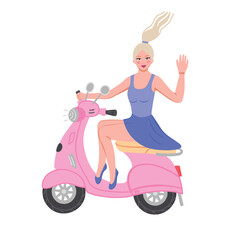 woman on pink moped. Vector Illustration for printing, backgrounds, covers and packaging. Image can be used for greeting cards, posters, stickers and textile. Isolated on white background.
