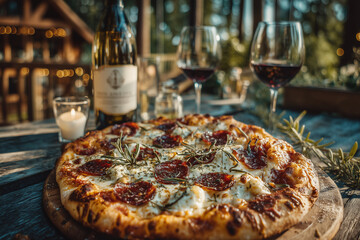 Delicious pepperoni pizza, garnished with rosemary, served on wooden board outdoors, accompanied by wine glasses and bottle of wine.
