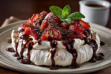 Pavlova dessert with chocolate sauce and strawberries on plate.