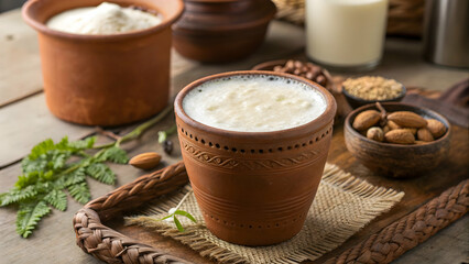Refreshing glass of lassi drink on wooden tray with nuts and dairy products for a healthy lifestyle