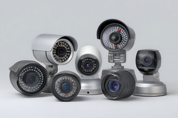 A Collection of Diverse Security Cameras Displayed on a Neutral Gray Background Featuring Dome Cameras Bullet Cameras and a Variety of Lens