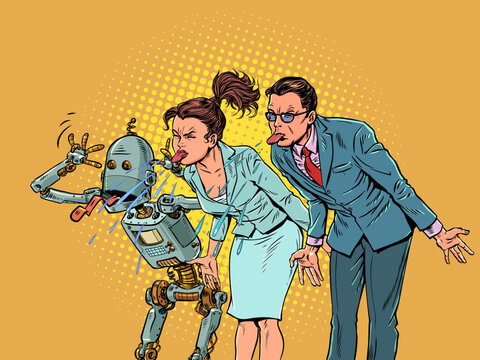 Pop Art Retro People and robot stick out their tongues together. Problems in the labor market. A company of scammers.