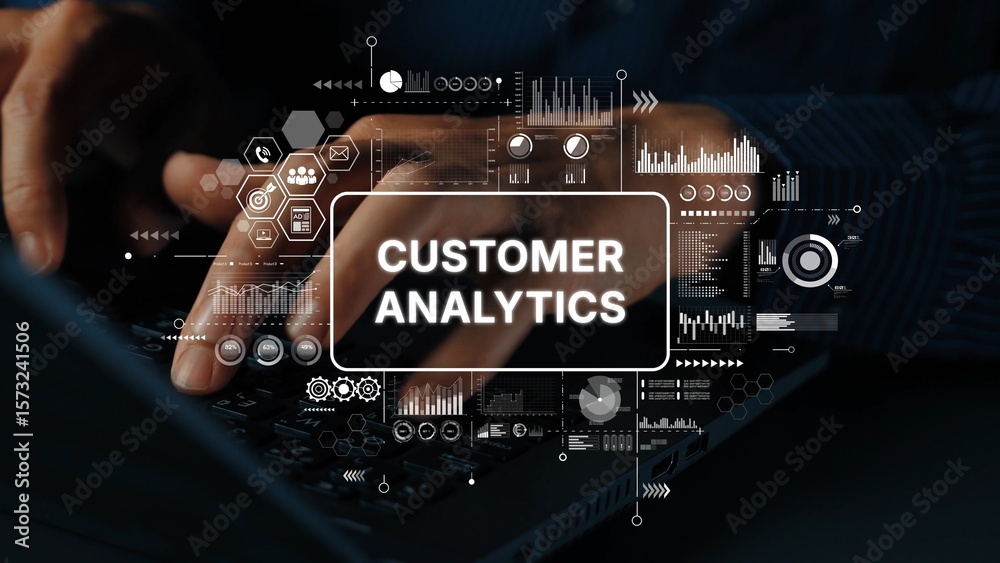 Poster hands typing on laptop with customer analytics graphics and data visualizations in background for bu