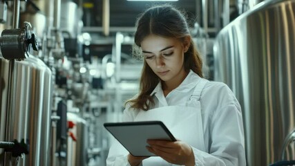 Young female scientist in lab coat using a tablet in an industrial setting - Powered by Adobe