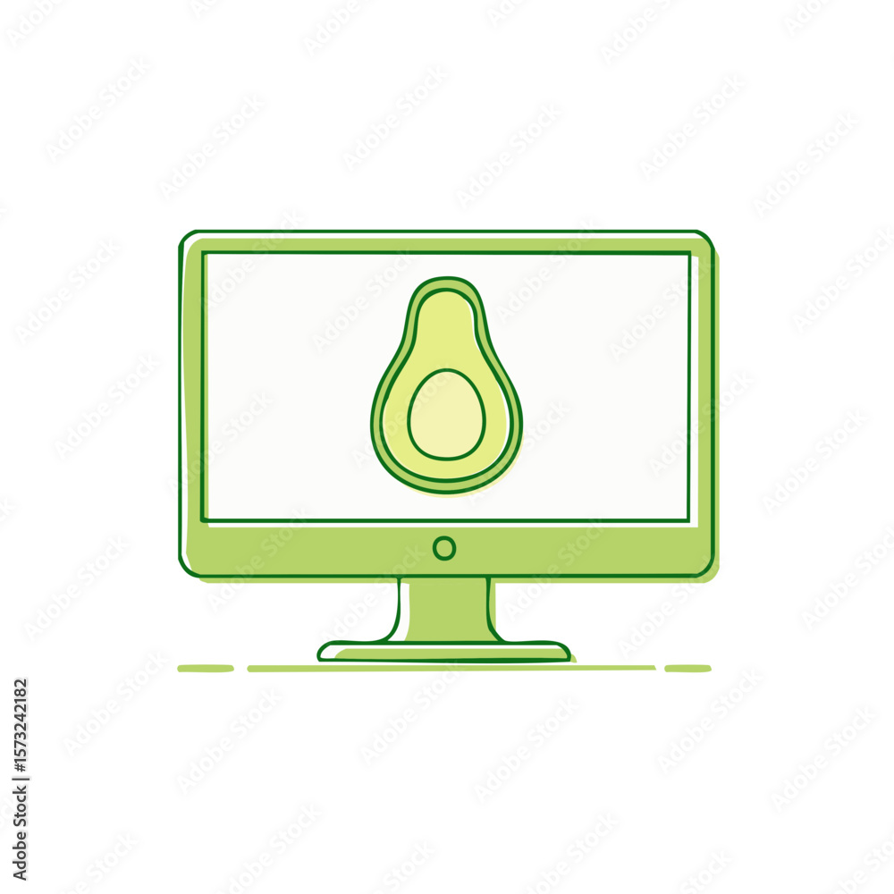 Fototapete Green Computer Displaying Avocado on Screen Minimalist Icon Vector Illustration