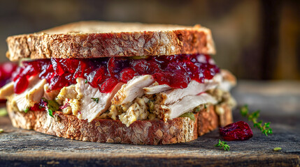 Delicious Thanksgiving Leftover Sandwich Cranberry Sauce Turkey and Stuffing on Rustic Bread A Culinary Masterpiece