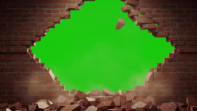 A brick wall has been broken open, revealing a green screen background. Debris from the wall scatters around the hole, suggesting a powerful impact.

