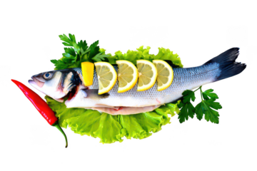 Whole raw fish garnished with lemon slices lettuce and chili pepper seafood