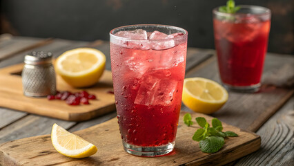 Refreshing cranberry drink with ice and lemon, perfect for summer refreshment with a wooden backdrop in soft, natural light.