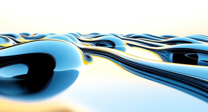Abstract, flowing, metallic shapes in blue and gold.  A smooth, liquid-like surface with wavy ridges - Powered by Adobe
