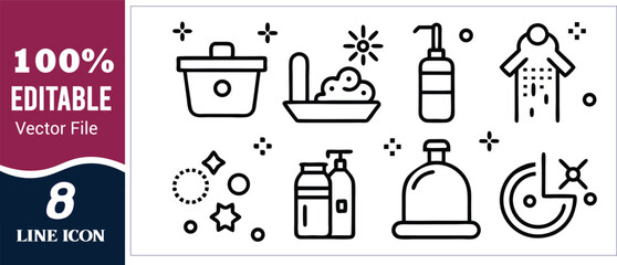 Cleaning supplies and laundry care icons soap detergent  line icon with vector set