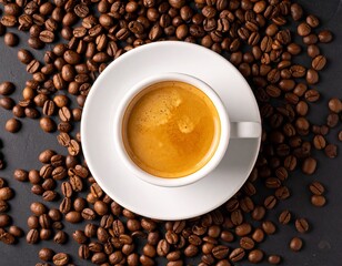 Fototapeta premium Top View of Italian Coffee Cup with Espresso on Wooden Table