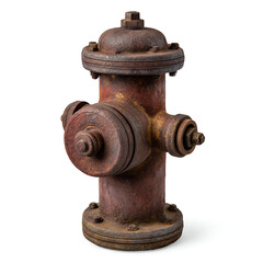 Fototapeta premium A heavily rusted vintage fire hydrant stands isolated against a pure white background showcasing its aged reddish brown and yellowish orange