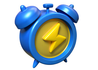 Blue Alarm Clock with Lightning Bolt Icon on Transparent Background