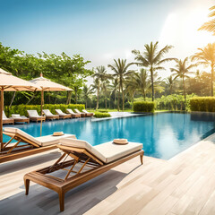 Fototapeta na wymiar Infinity pool with chairs With a view of the sea 