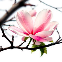 Fototapeta premium Delicate Pink Magnolia Blossom on a Branch Against White Background