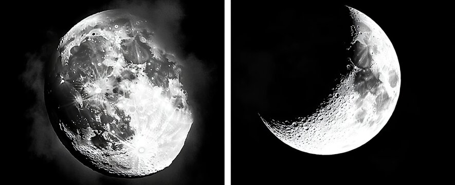 Two moon phases, gibbous and crescent, against a black night sky